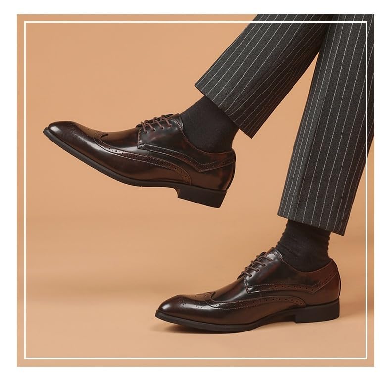 Wingtip Brogue Dress Shoes for Men's Top-Grain Leather Pointed Toe Fashion Lace Up Party Block Heel Shoe Working3