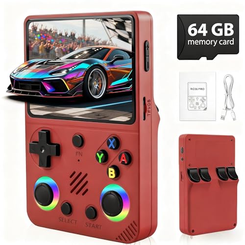 Rhesusco RG36PRO Retro Video Game Console - Support 30000+Classic Games, 64G TF Card, Open Source System, 3.5-Inch Screen, 3000mAh Battery, Portable Console for Travel, Gift for Adult or Partner - Red
