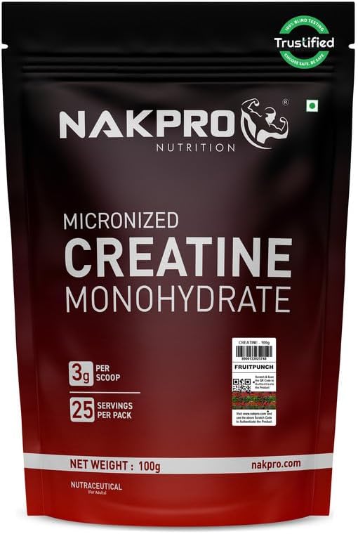 NAKPRO Micronized Creatine Monohydrate Powder Increases Strength Endurance & Energy, Supports Muscle Recovery For Pre/Post Workout(Fruit Punch, 100G)
