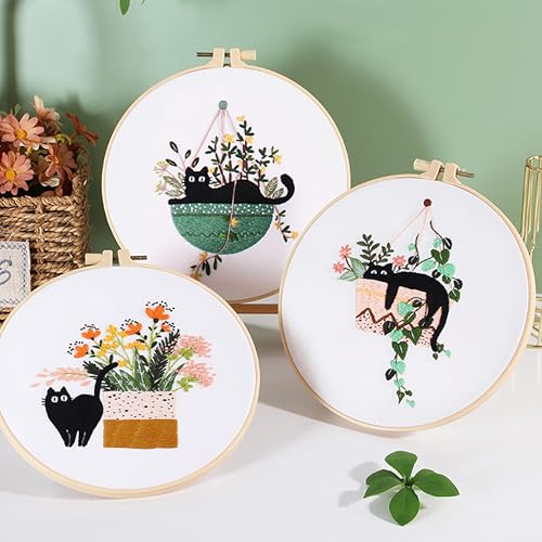 Image of KEKEMEOW 3 Sets Embroidery Kit for Beginners, Stitches with Black Cat and Flowers, Embroidery Stitch Practice kit for Adults Craft Lover, Needlepoint Hand Embroidery Kit with Pattern、Instruction、Hoop