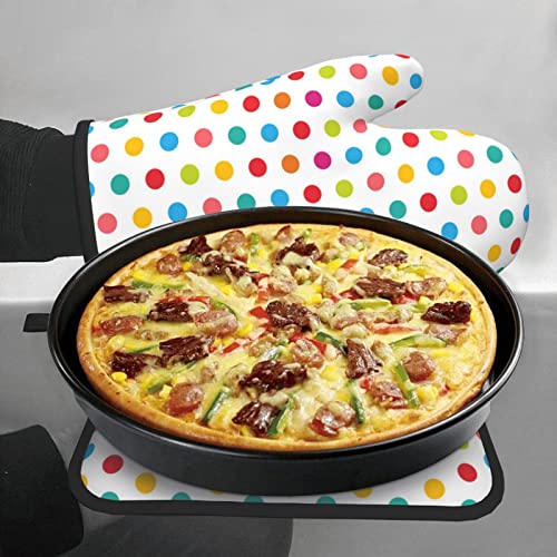 Polka Dot Oven Mitts And Pot Holders Sets 2 Pcs Set, Heat Resistant And Waterproof Kitchen Oven Mitts Soft Cotton Lining Gloves For Microwave Cooking Baking Grilling #TOP6