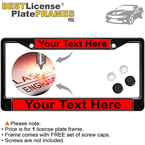 Image of Custom Personalized Black Powder-Coated Metal Laser Engraved Standard Size - Car /Automobile License Plate Frame with Free caps - Red /Black Text (Qty: 1 Frame)