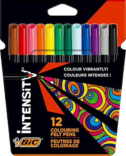 BIC Intensity, Rotulador de Tinta Lavable de Larga Duración, Punta Fina resistente (0.9 mm), Colores Surtidos, Paquete de 12 uds