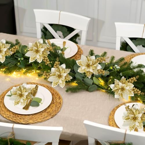 trytuny 50pcs Glitter Poinsettia Christmas Ornaments, Artificial Flowers with Clips Stems for DIY Wreath Making, Holiday Home Party Decorations, Indoor Use (Gold) - image 7