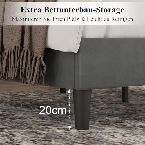 VECELO Polsterbett 140 x 200 cm Doppelbett Bettrahmen mit Höhenverstellbarem Kopfteil, Gepolstertes Bettgestell mit Lattenrost, Samtbezug, für Erwachsene & Jugendliche, Ohne Matratze, Grau