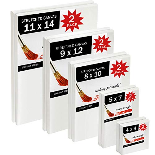 Academy Art Supply Stretched White Blank Canvas Variety Pack for Painting, Primed, 100% Cotton, Acrylic Pouring, Oil Paint & Wet Art Media, Canvases for Artist - 4"x4", 5"x7", 8"x10", 9"x12", 11"x14"