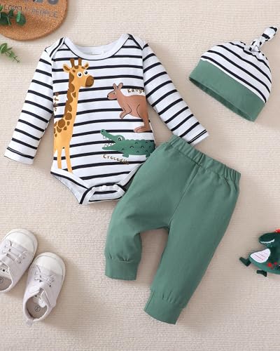 SUNNY PIGGY Baby Boy Clothes Newborn Infant Boys Outfits Romper Hat Pants 3PC Set 0-3 3-6 6-12 12-18 Month Clothing Gift2