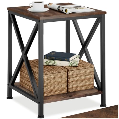TecTake® Mesa Auxiliar Salon Estilo Industrial con 2 Estantes y Pies Ajustables, Mesitas de Noche, Decoracion Hogar, Muebles, Oficina - 40,5 x 40,5 x 52,2 cm Madera Industrial Oscura, Rústica