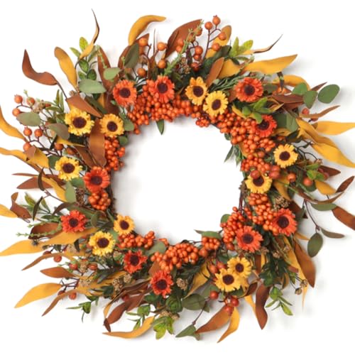 Dremisland Artificial Fall Floral Wreath 20 Inch Orange Daisy Wreath Fall Harvest Wreath for Front Door Autumn Wildflowers Wreath Wall Window Decor Thanksgiving & Halloween Festival Decor