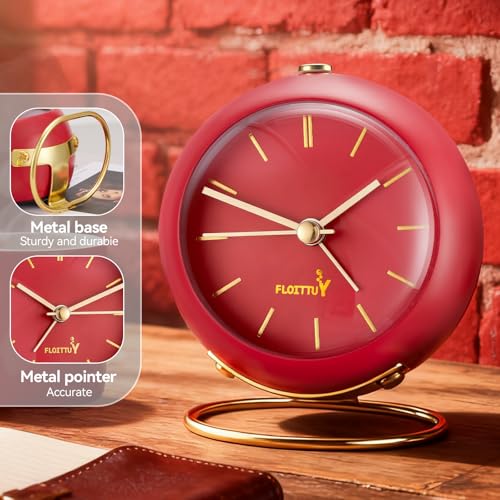 Image of FLOITTUY Silent Table Analog Alarm Clock No Ticking, Lighted on Demand and Battery Operated, Beep Sounds, Small Desk Clock(Tomato Red)
