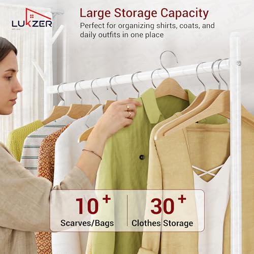 Image of Lukzer | MGR-003 | White | Metal Garment Rack with Wheels, Bottom Shelf & Single Rod - Cloth Organizer for Hanging Kurtas, Jackets, Bags in Bedroom, Office, Hostel & More | 173 x 110 x 35 cm