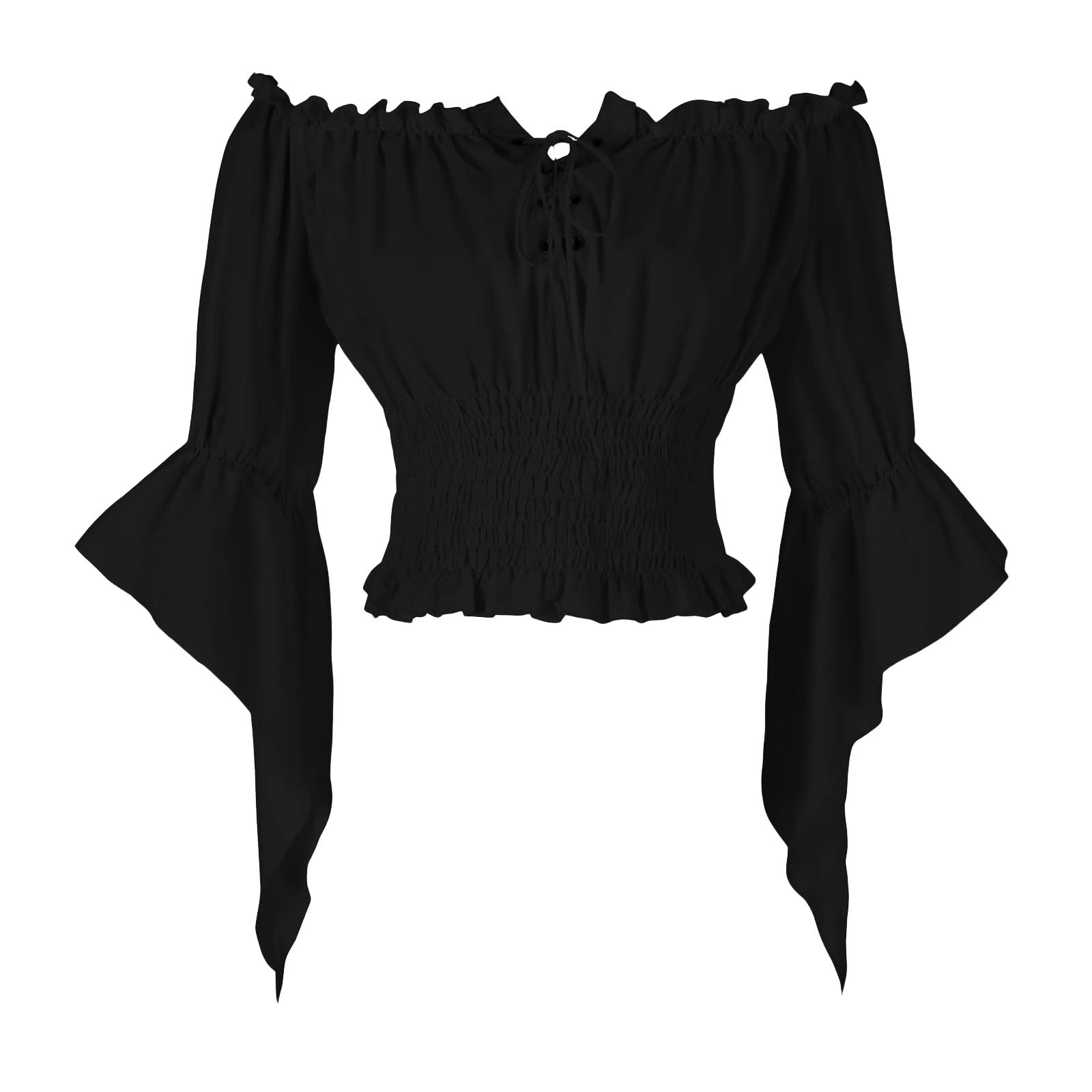 HAOLEI Women Victorian Tops Off Shoulder Ruffle Shirts Elastic Waist Medieval Costumes Renaissance Pirate Trumpet Long Sleeve Peasant Blouses Black