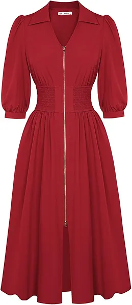 GRACE KARIN Fall Midi Dress 2025, A Line Smocked Work Dress Fit and Flare, V Neck Zipper 3/4 Sleeve Dress Casual with Pockets
