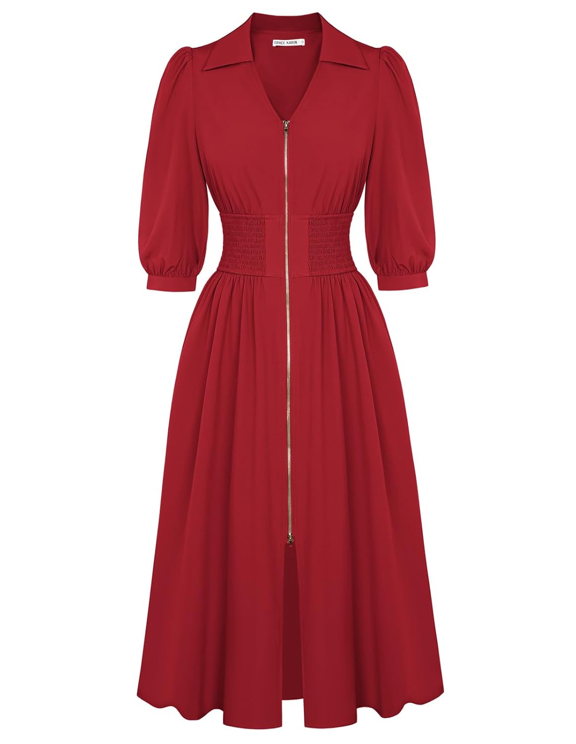 GRACE KARIN Women Fall Midi Dress 2025 A Line Smocked Work Dress Fit and Flare V Neck Zipper