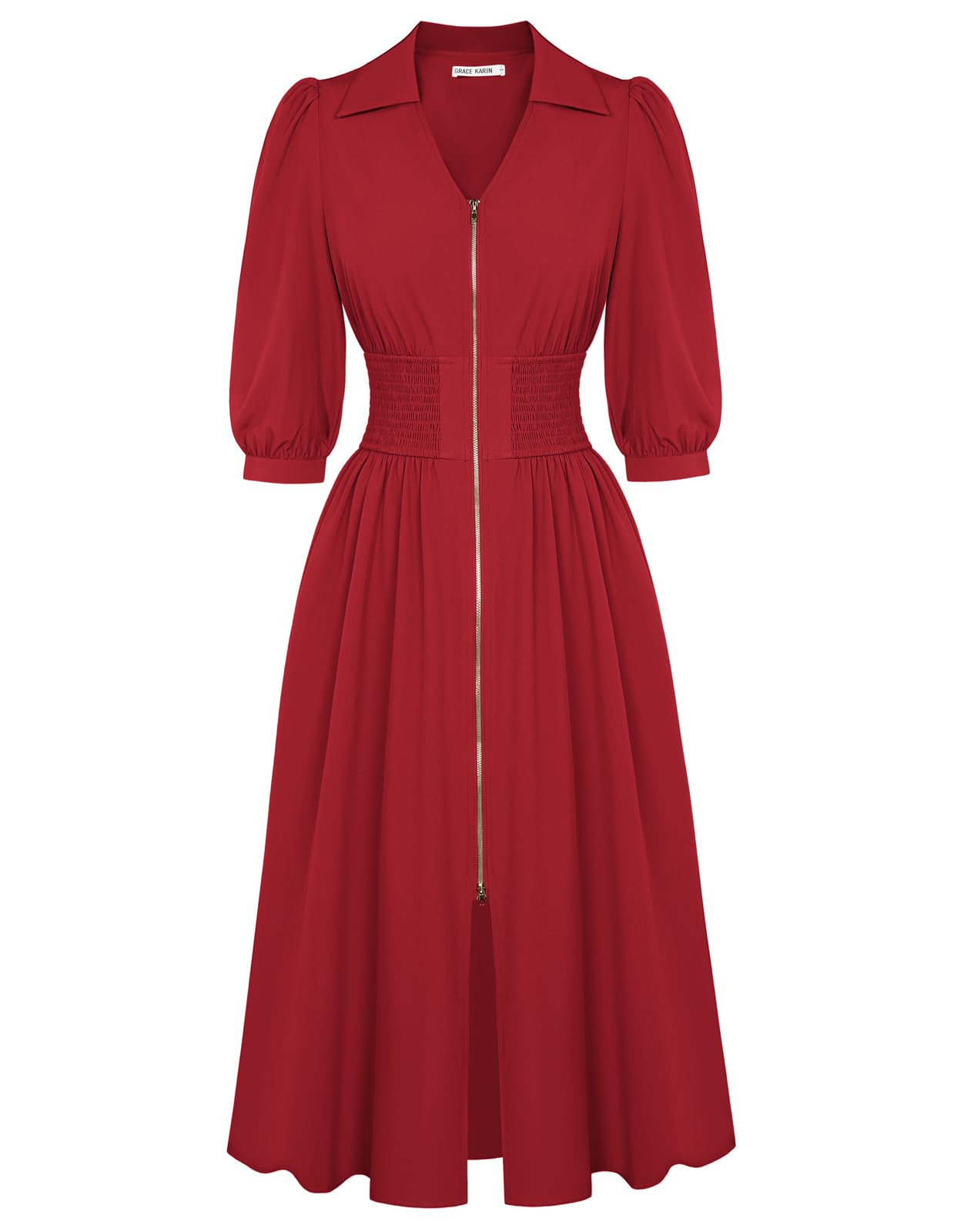 GRACE KARIN Women Fall Midi Dress 2025 A Line Smocked Work Dress Fit and Flare V Neck Zipper