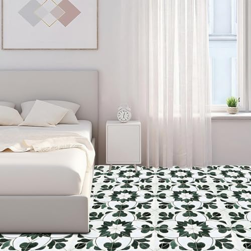 Image of Nuxovilar Peel and Stick Vinyl Floor Tiles, 11.8 inchx11.8 inch | Green Leaf Geometric Pattern, 10-Pack Self-Adhesive Flooring for DIY Upgrades