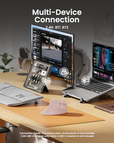 Image of ProtoArc EM11 NL Wireless Ergonomic Vertical Mouse, Rechargeable, Pink | Connects to 3 devices via Bluetooth /2.4G USB-A, with 500mAh USB-C charging, 1000 /1600 /2400 DPI, quiet clicks