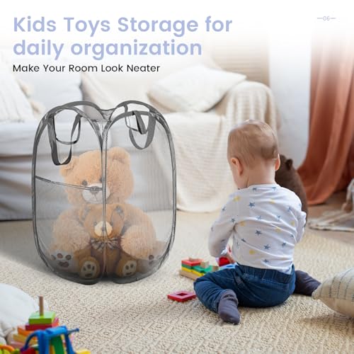 Image of HOUSE AGAIN 2Pack Strong Mesh Pop Up Laundry Hamper, 70L Collapsible Laundry Basket with Steel Frame, Double‑Stitched Handles & Side Pocket, Foldable Dirty Clothes Hamper for Dorm, Bedroom, Grey