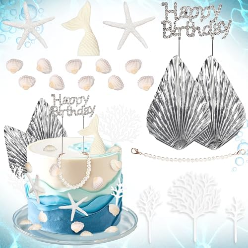 18 Stück Sommer Unter dem Meer Kuchen Dekorationen Muschel Seestern Tortendeko Meerjungfrau Schwanz Perle Kuchen Deko Glitzer Happy Birthday Cake Topper für Geburtstag Party Kuchen