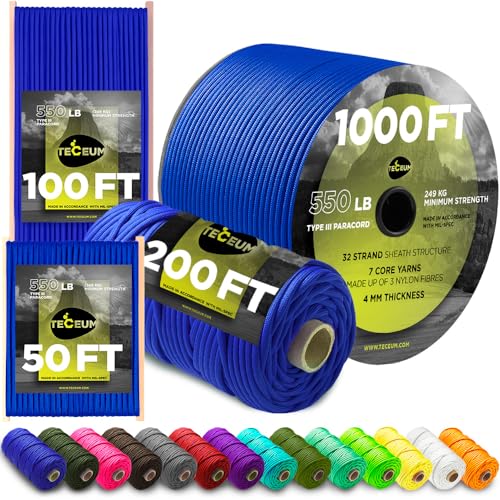 Image of TECEUM Reflective Paracord Rope 1000 - 1000ft /200ft /100ft /50ft - 40+ Colors - Glow in the Dark - para Cord - Utility Rope for Survival, Hunting & Camping Gear - Nylon String, Camping Rope, Tent Cord