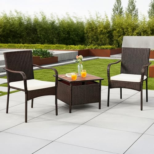 Image of DEVOKO Outdoor Wicker 3-Piece Patio Bistro Furniture Set with Wooden Top Coffee Table All Weather Rust Proof Metal Frame for Balcony, Garden,Terrace(Dark Brown & Cream)