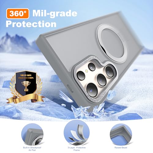 Image of Compatible with Samsung Galaxy S24 Ultra Case with 360Rotatable Magnetic Ring Stand Compatible with Mag-Safe Military Protection Matte Translucent Phone Cases for S24 Ultra 6.8 inch,Gray