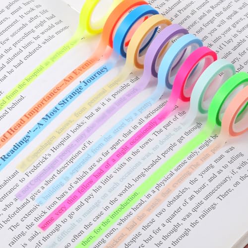 simarro 10 Rollen Highlight Strips, Farbiges Fluoreszierende Haftnotizen Klebezettel Transparentes Klebeband Abnehmbare Textmarker Klebeband für Lesen Notizen Machen Lehrer Schüler