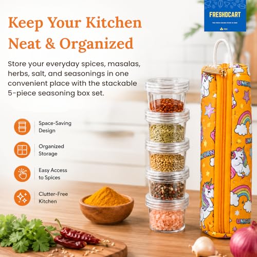 Image of FreshDcart 5 Pieces Seasoning Box Clear Spice Bottle Set with Stackable Spice Holder & Spice Jars Rack for Kitchen Storage, Travel, Picnic, Camping, Dining & Bar Use
