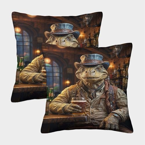 POLIUAWS Steampunk Craft Beer Dino Dekokissen Zelt Quadratische Zierkissenbezüge 2er-Pack 40x40cm