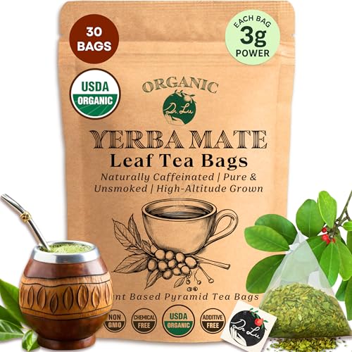Dr. Lu’s Organic Yerba Mate Tea (Unsmoked) | High-Altitude Grown in Argentina | Naturally Caffeinated Clean Energy &amp; Focus | 30 x 3g Vitality Brew Corn Fiber Pyramid Bags (No Plastic, No Nylon)