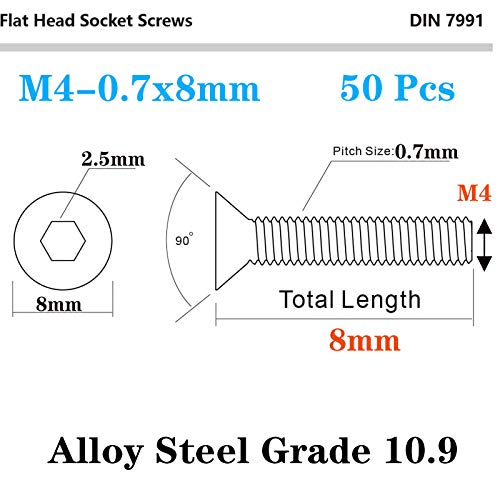 Image of 50 Pcs M4-0.7 x 8mm Flat Head Socket Cap Screws, Alloy Steel Grade 10.9, DIN 7991, Allen Socket Drive,Hex Drive,Black Oxide Finish (M4-0.7 x 8mm)