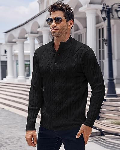 Beotyshow Mens Cable Knitted Pullover Sweaters Stand Collar Solid Twisted Thermal Sweaters with Button for Men2