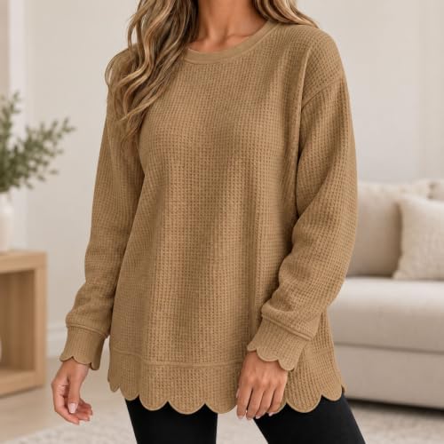 Waffle Knit Tops For Women Plus Size Long Sleeve Tunic Scalloped Sweatshirt - image 6