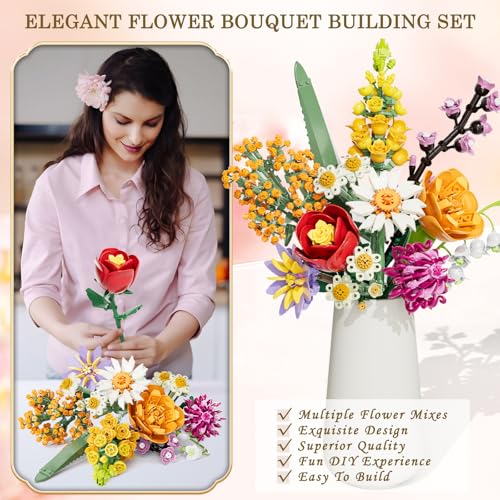 Flowers Bouquet Building Set, 1070PCS Wildflower Botanical Collection, Artificial Plant Flower Kit Toy for Adults Kids Women Her, Home Decor Gift for Birthday, Christmas, Valentines(No Vase) - image 2