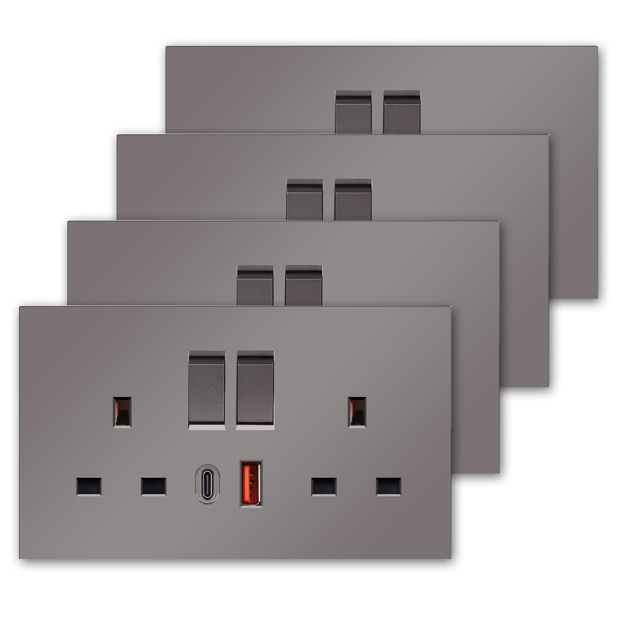4 Pack CNBINGO Double Switched Socket with USB Fast Charging - 20W Electric Power Socket with USB-A and Type-C, Grey PC Panel Wall Outlet