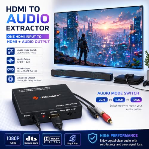 Image of J-Tech Digital HDMI to HDMI ARC Adapter with CEC and Optical TOSLINK Audio Output, 5.1 Channel, Black