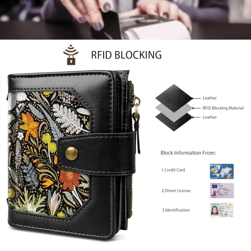 Image of Women Leather Wallet RFID Blocking Small Bifold Zipper Pocket Wallet Card Case Purse with ID Window, Dried Flowers