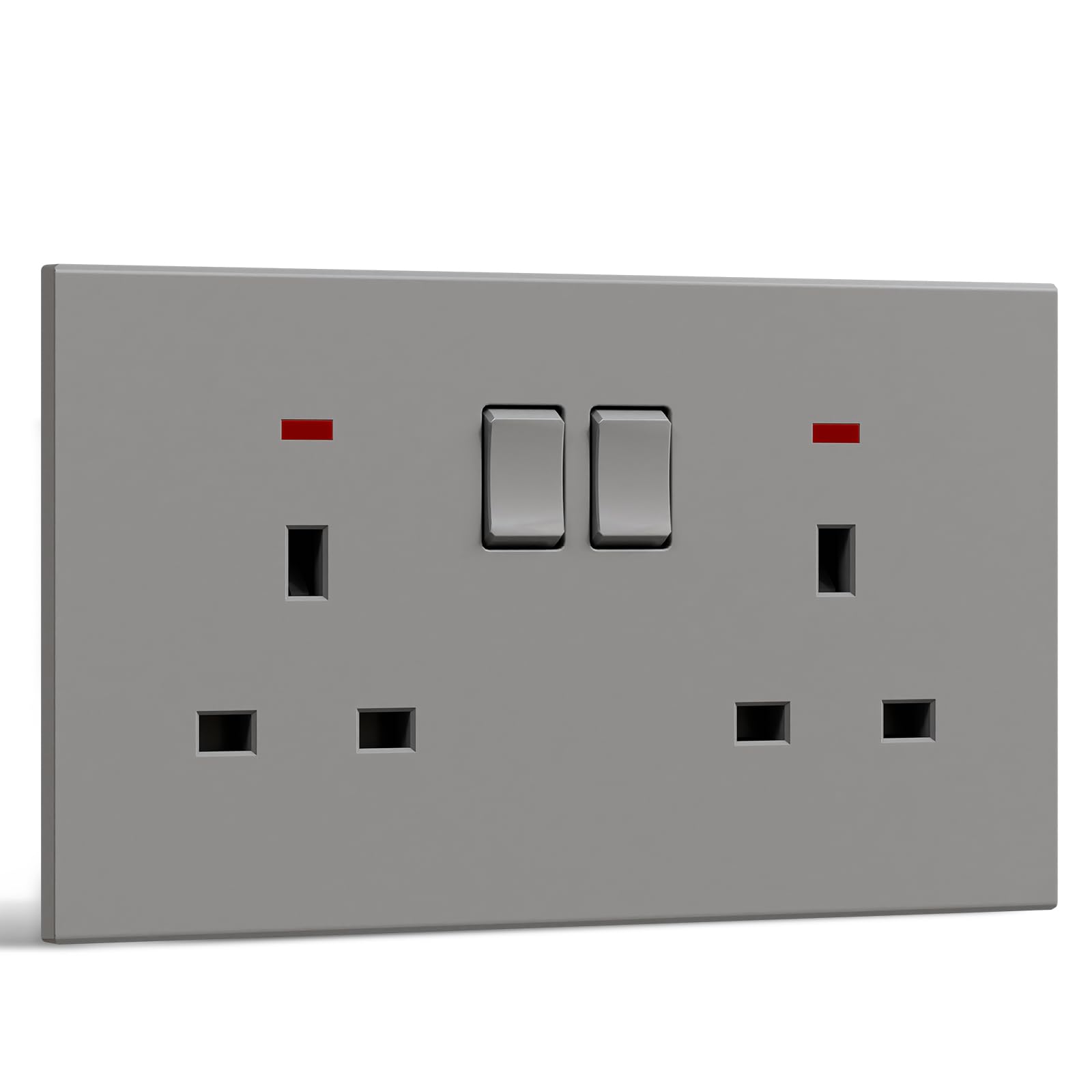 BSEED Double Socket, Electrical Double Switched Power Plug Wall Socket with LED Indicator, PC Wall Plate Outlet, Grey, 13A