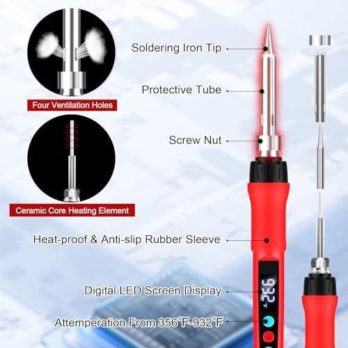100W Soldering Gun Kit for Electronics, Adjustable Temperature with LED Display - Red