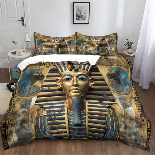 Srigzcaly Ägyptisches Pharao Relief Bettwäsche Set 135 x 200 cm 3 Teilig mit 2 Kissenbezüge 80x80cm, Gold Wendebettwäsche Weich Mikrofaser Bettbezug mit Reißverschluss