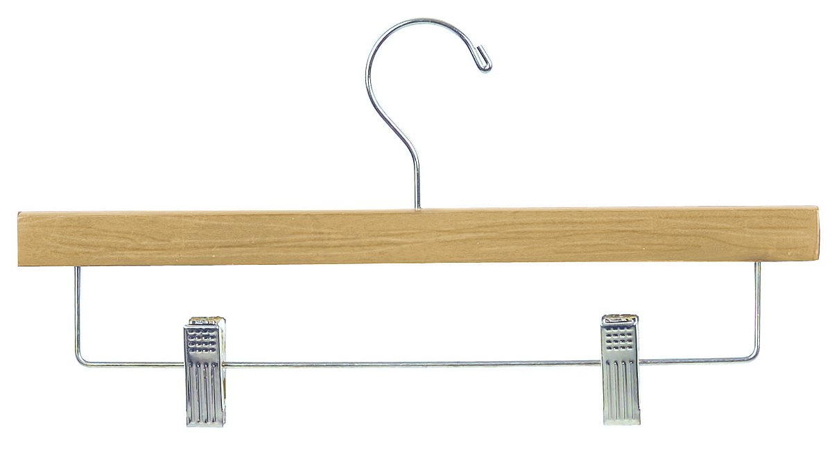 Econoco Wood Pant Skirt Hangers 14' with Chrome Hook and Clips, Pack of 100, Natural Oak