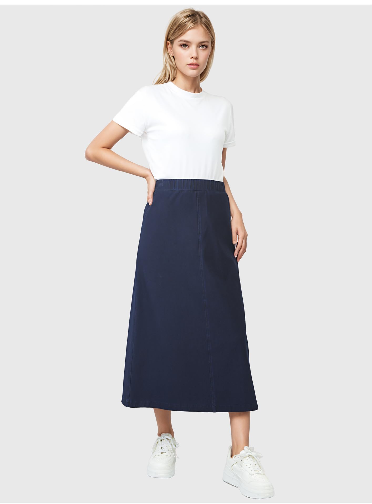 Faldas Vaqueras para Mujer, Mezclilla Lavada Azul Oscuro, Cintura Alta Elástica, Bolsillo Trasero, Faldas Midi De Corte A, Verano, Casual, Diario, Salidas, Elegantes, Parte Inferior