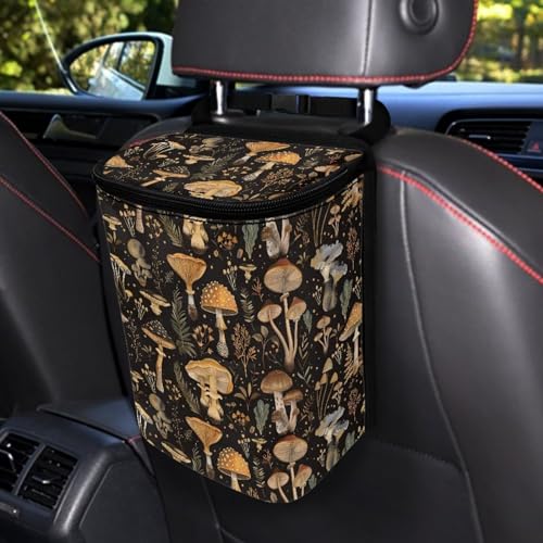 Image of Talayituse Mushroom Leaf Print Car Trash Can, Portable Auto Garbage Bin Multifunctional Vehicle Interior Accessories with Adjustable Straps Universal Fit Truck SUV Sedan