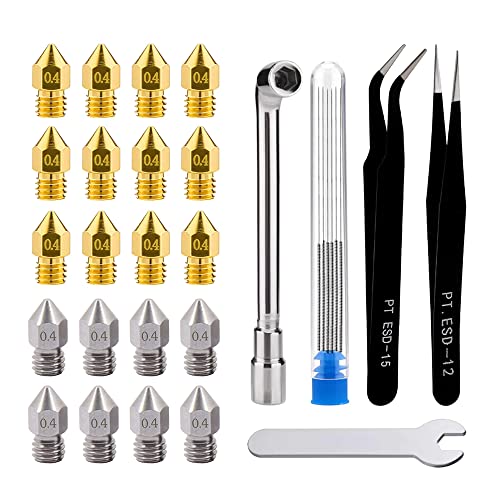 Mintion 20Pcs Accessoires d'imprimante 3D Kit Buses MK8, 12 x Buses en Laiton 0,4 mm, 8 x Buses en Acier Inoxydable 0,4 mm, avec Outil de Nettoyage Buse, Pince à Épiler, Clé, pour Anycubic/Creality Cover
