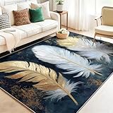 Teppich Wohnzimmer Waschbarer Weiß Gold Kurzflor Teppich Schlafzimmer - Abstrakt Textur Federn Ölmalerei Teppiche Weich rutschfest Design für Schlafzimmer, Esszimmer, Küchen, 120 x 170 cm