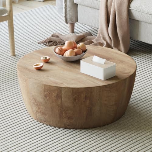 Maotifeys Rustic Drum Coffee Table for Living Room Round Center Table Modern Drum-Shape Wooden Cocktail Table for Home Office - Fully Assembled