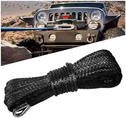 1/4'' x 50 Ft Car Synthetic Winch Rope Kit, 10000LBS Heavy Duty Vehicle Winch Cable with Protecting Sleeve and Thimble, Automotive Accessories, Universal for Off Road ATV UTV (Black)