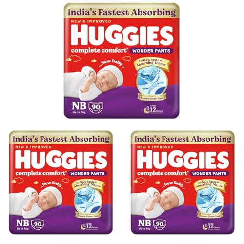 Image of Huggies Complete Comfort Wonder Pants | Pant Style Baby Diapers Newborn Size (NB /XS), 90 Count | India's Fastest Absorbing Diaper, Prevents Diaper Rash, Ideal for 0-5 Kgs (Pack of 3)