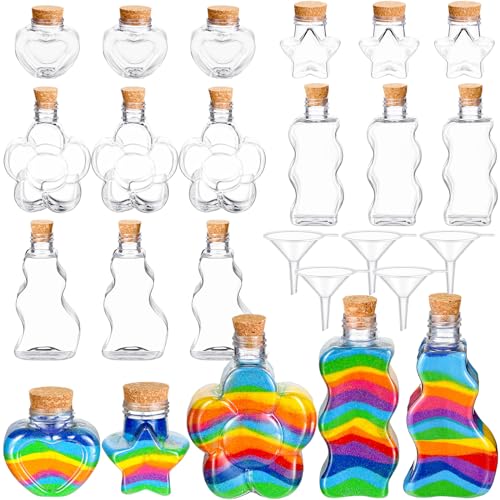 Havawish 20 Pcs Plastic Sand Art Bottles with 5 Funnels Sand Art Containers Kit Collection for Kids Party Bulk End of School Year Gift Craft DIY Group Activity(Cork Stoppers)