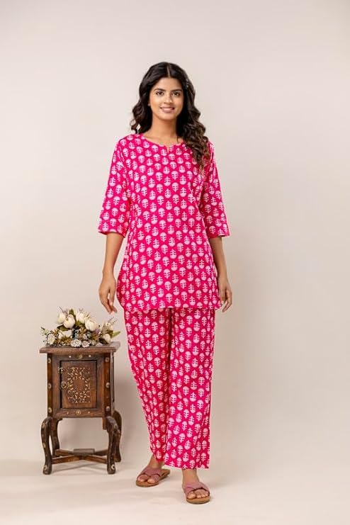 Image of Pure Cotton Printed Night Suit Set | Top Pyjama Set for Women | Night Dress of Kurta Pyjama Set for Women | Kurta Top Set